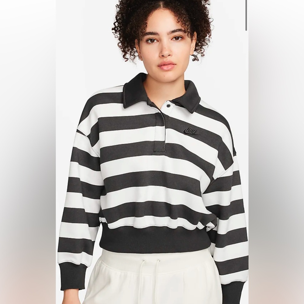 Nike Sportswear Phoenix Fleece Oversized 3/4-Sleeve Striped Crop Polo Medium